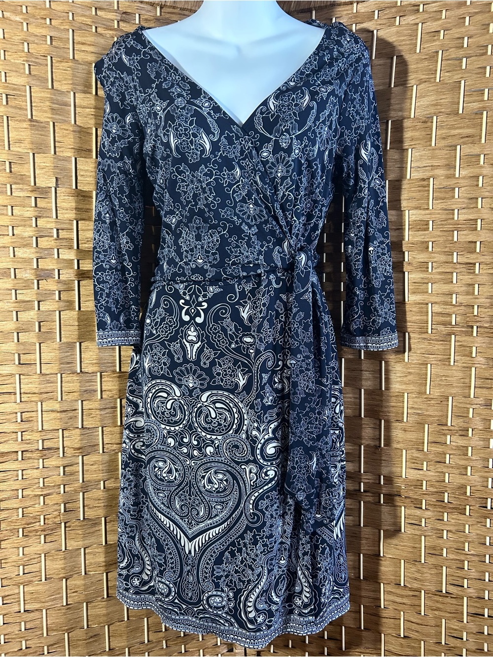 Ann Taylor Petite Black White Paisley Faux Wrap Tie Waist Dress 6P